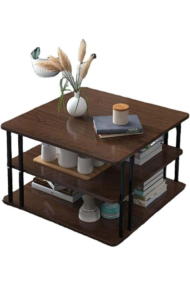 Walnut Finish 3-Layer Coffee Table with Open Storage Modern Side Coffee Table