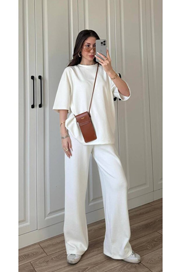 Women's White Oversize T-Shirt Elastic High Waist Sweatpants Modal Set