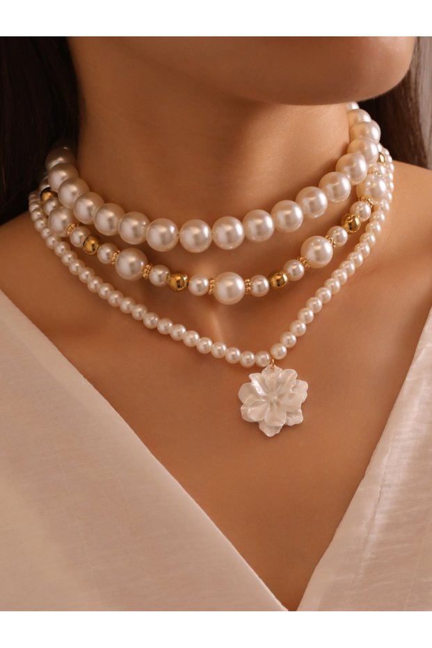 Pack of 3 Floral Charm Pearl and Gold Layered Choker Necklaces