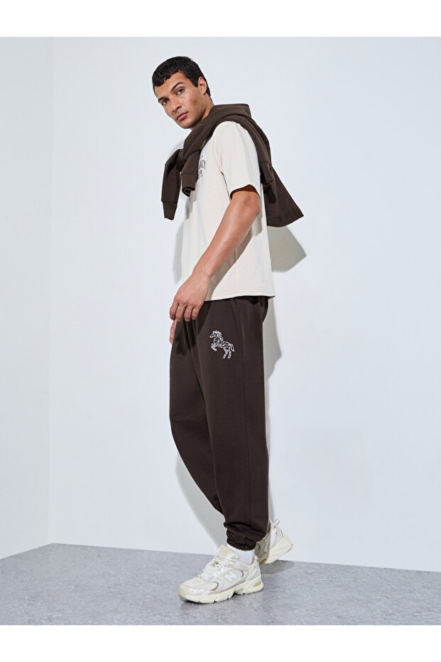 Brown Embroidered Pocket Details Full Length Joggers