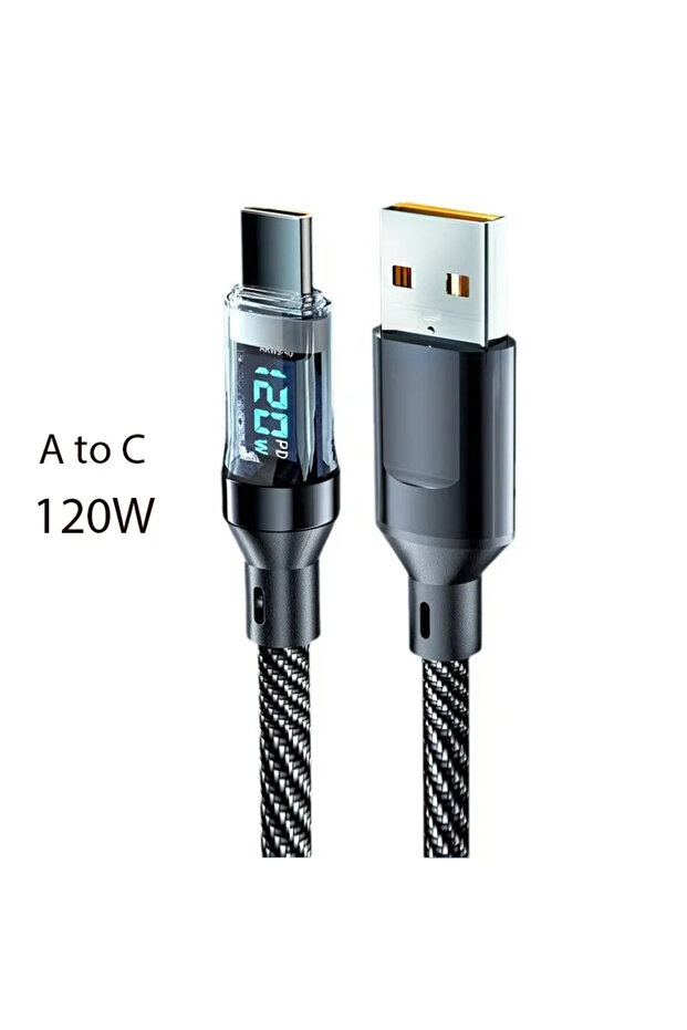 كابل USB من النوع A إلى C بطول 1 متر، 120 واط، كابل شحن سريع مع شاشة LED، USB A إلى C و C إلى C