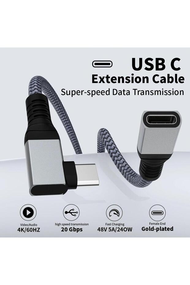 1m gray LAIHONEN 240W 20Gbps 90° USB3.2 USB-C M/F Ext Cable 3FT, Data Fast Charge For IPhone15 Pro M