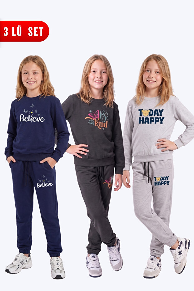Girl's 3-Piece Printed Crew Neck Double Pocket Tracksuit Set