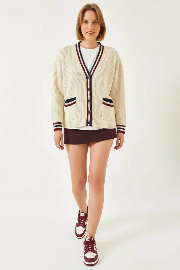 Women's Striped Thessaloniki Knitted Ecru Cardigan