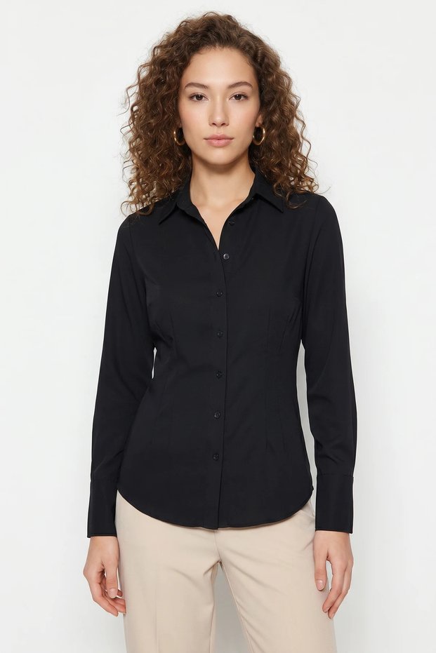 Women's Tie-Dye Detailed Waist-Fitted Cotton Shirt Dg Black