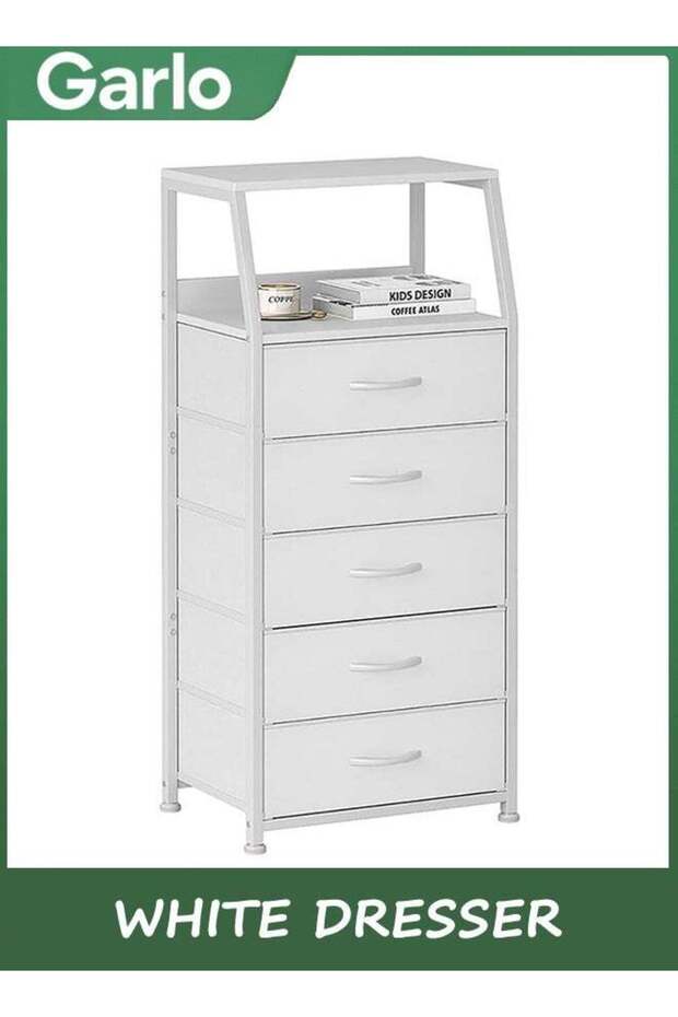 Garlo White Dresser with 5 Drawers, Vertical Storage Tower Fabric Dresser for Bedroom, Hallway, Entryway, Nursery, Closet Organizer, Nightstand Bedside Table Furniture, Sturdy Steel Frame, Wood Top