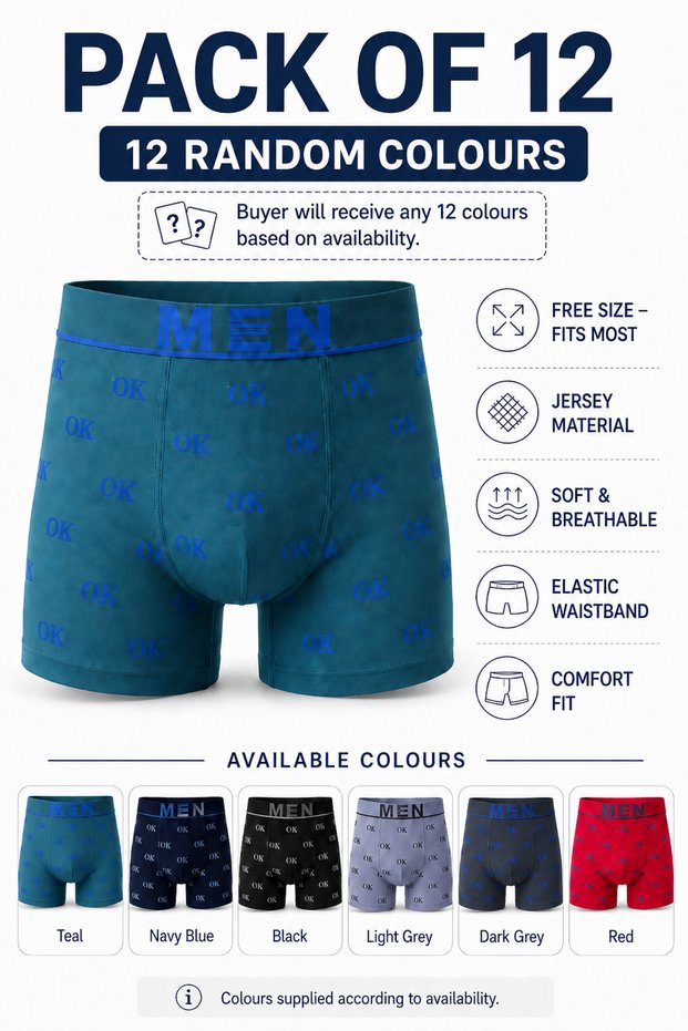 Men’s Jersey Boxer Briefs Pack of 12 – Free Size, Random Colours, Soft Breathable Underwear with Elastic Waistband & Comfort Fit