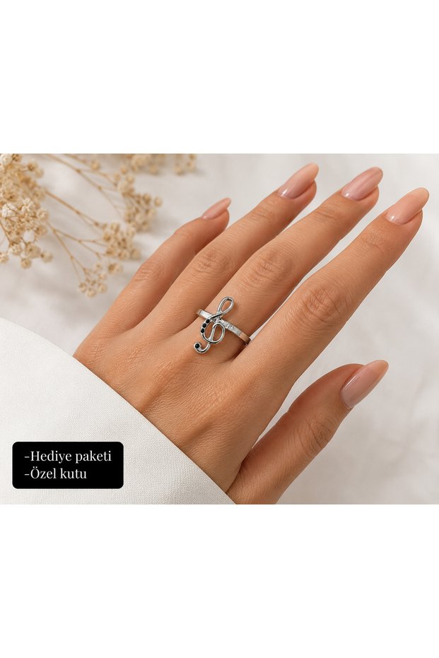 Silver Color Music Themed Stylish Ring with Sun and Moon Figure and Black Stone Detail