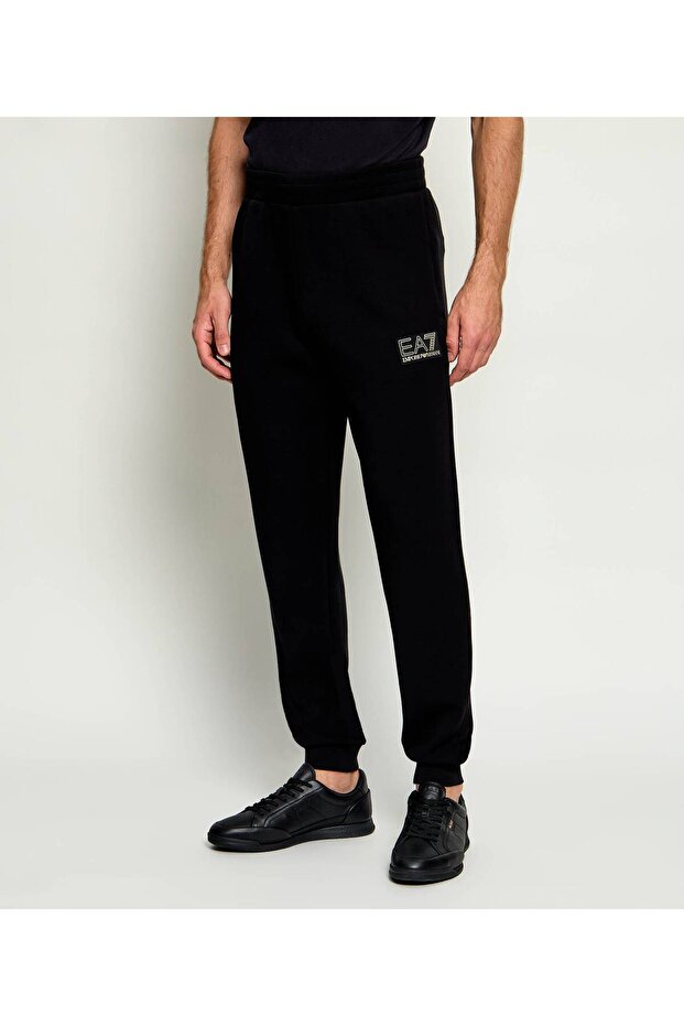Men's Black Sweatpants with Elastic Waist and Cuffs and Logo Print