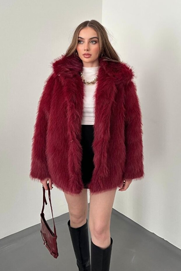 Burgundy fur coat jacket