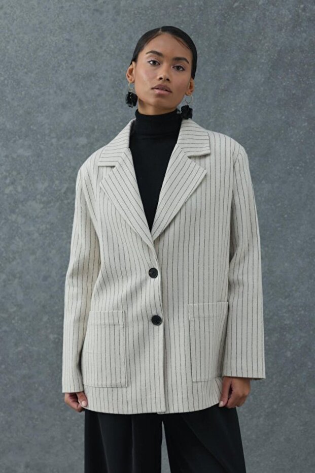 Beige Striped Oversize Jacket
