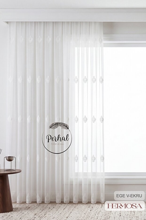 1-3 Dense Pleated Small Patterned Aegean Ecru Tulle Curtain