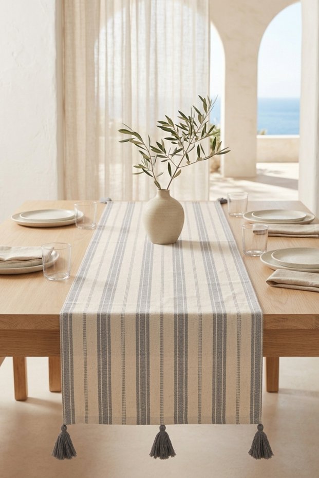 Gray Stripe Patterned Tasseled Cotton Runner Tablecloth 40X110 cm
