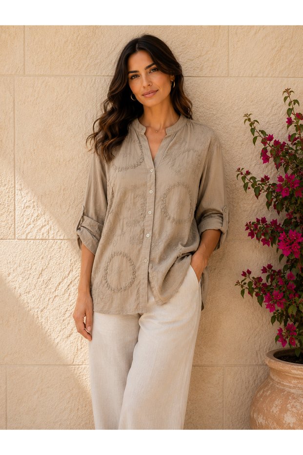 Women's Original Italian Cotton Fabric Short Sleeve Embossed Wide Fit Shirt 44-48