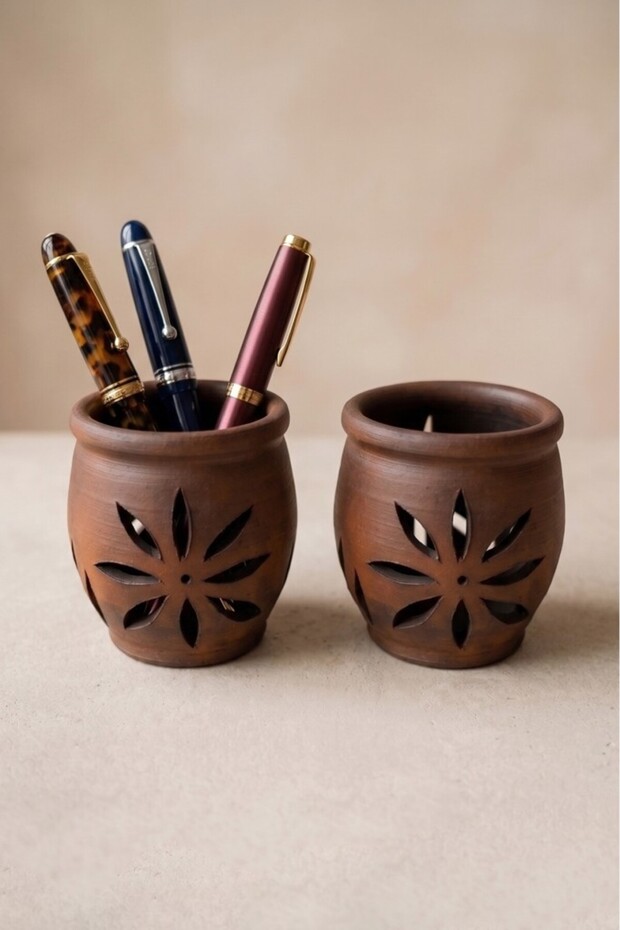 Set of 2 Pottery Clay Handmade Pen Holders