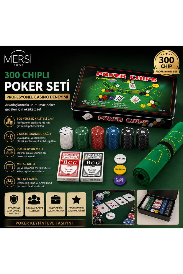300 Chip Professional Poker Set Casino Game Set with Metal Box 2 Decks of Playing Cards