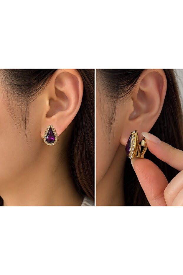 Purple Stone Drop Shape Clip-On Earrings