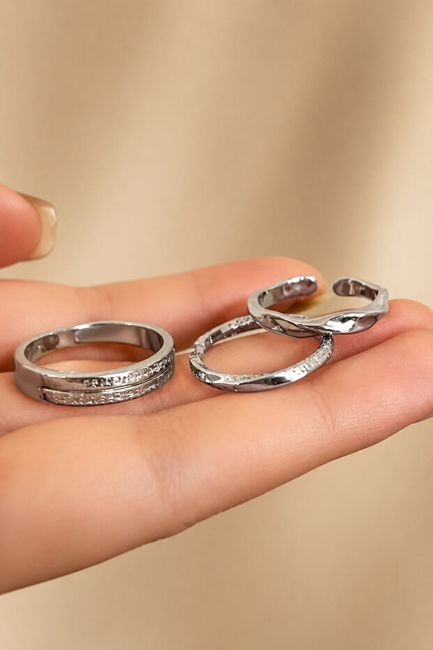 Women's Silver Color 3-Piece Ring Set Minimal Modern Design