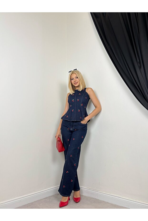 Women's Dark Blue Denim Blouse Trousers Set Cherry Embroidered Peplum Sleeveless Spanish Flare Pants