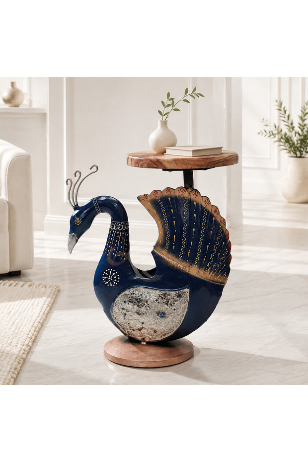 Handcrafted Metal Peacock Design Table – Antique Hand-Painted Side Table | Indian Artistry | Wholesale and Retail UAE