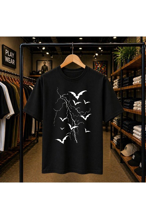 Bat Vein Printed 100% Cotton Oversize Loose Regular Fit Crew Neck T-Shirt