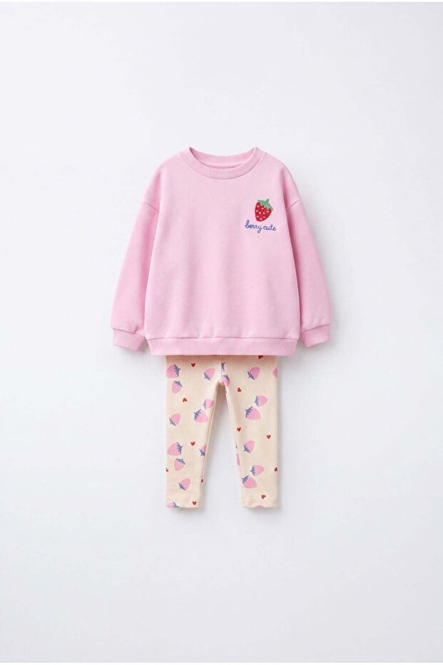 Girl's Strawberry Embroidered Pink Sweatshirt and Leggings Set