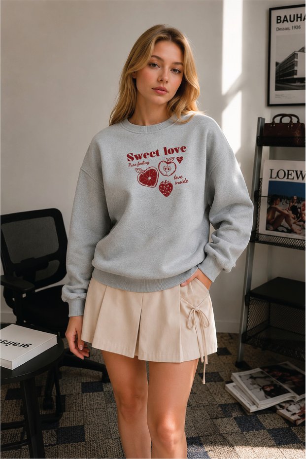Women's Sweet Love Fruit Graphic Printed Comfortable Fit Crew Neck Gray Sweatshirt