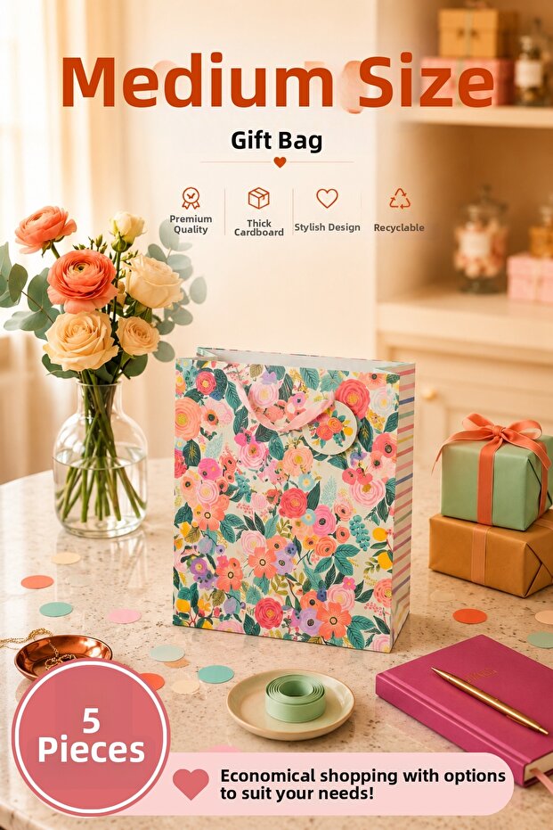 5 Pcs (23 X 18 X 10 cm) - Pastel Pink Floral Medium Cardboard Gift Bag