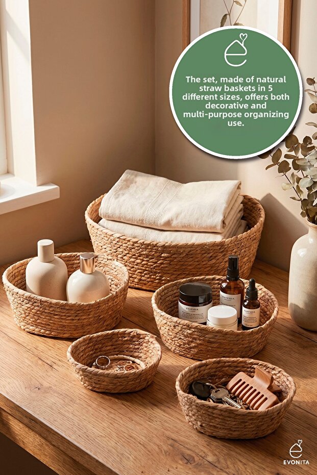 Set of 5 Natural Wicker Baskets Decorative Organizer Bohemian Hand Knitted Multi-Purpose Basket