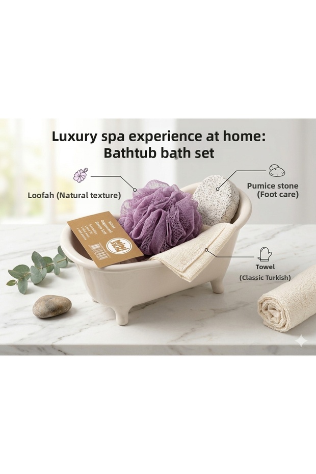4-Piece Bath/Care Set with Miniature Bathtub - Scrubbing Pouch, Bath Loofah, and Pumice Stone