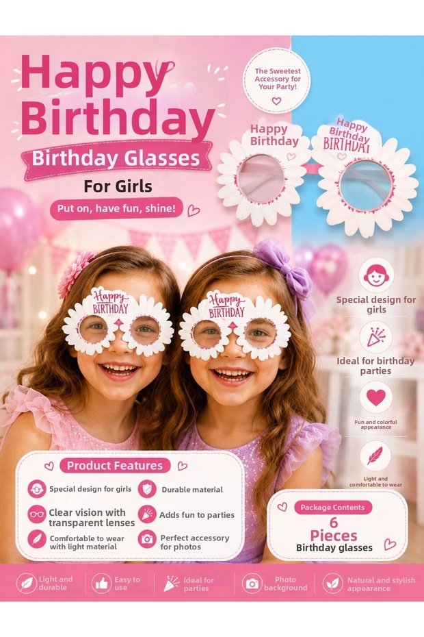 Daisy Themed Cardboard Party Glasses 6 Pieces