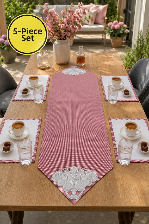 5-Piece Red Gingham Runner and Coffee Serving Set – Stylish Table Set with Lace Embroidery