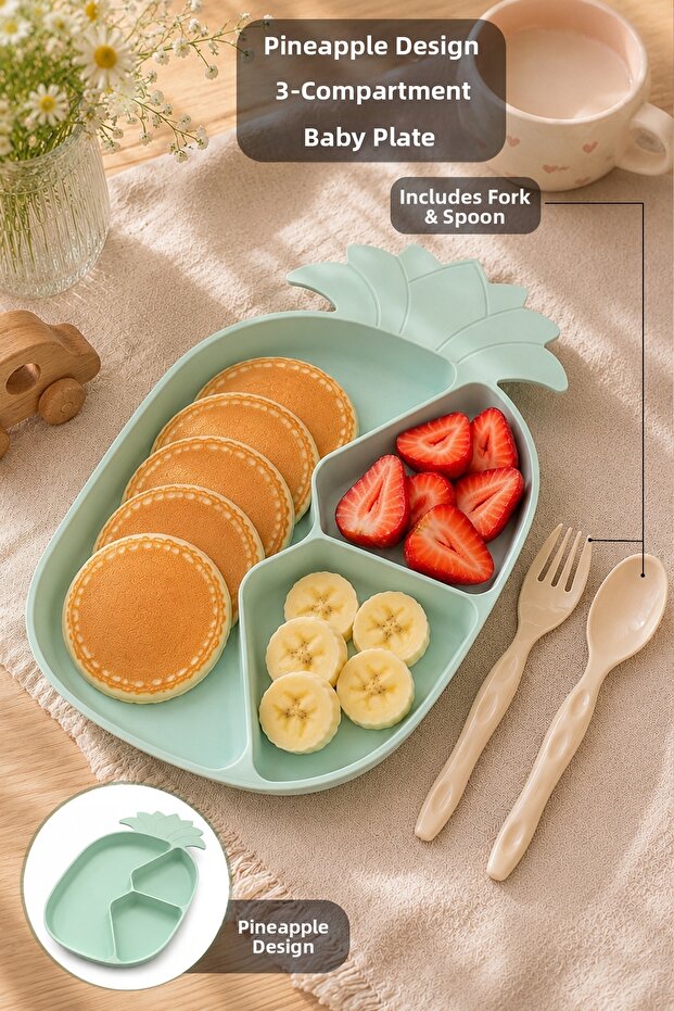 Pineapple Figured Feeding Set - 3 Compartment Food Bowl, Baby Food Container with Spoon and Fork, Green