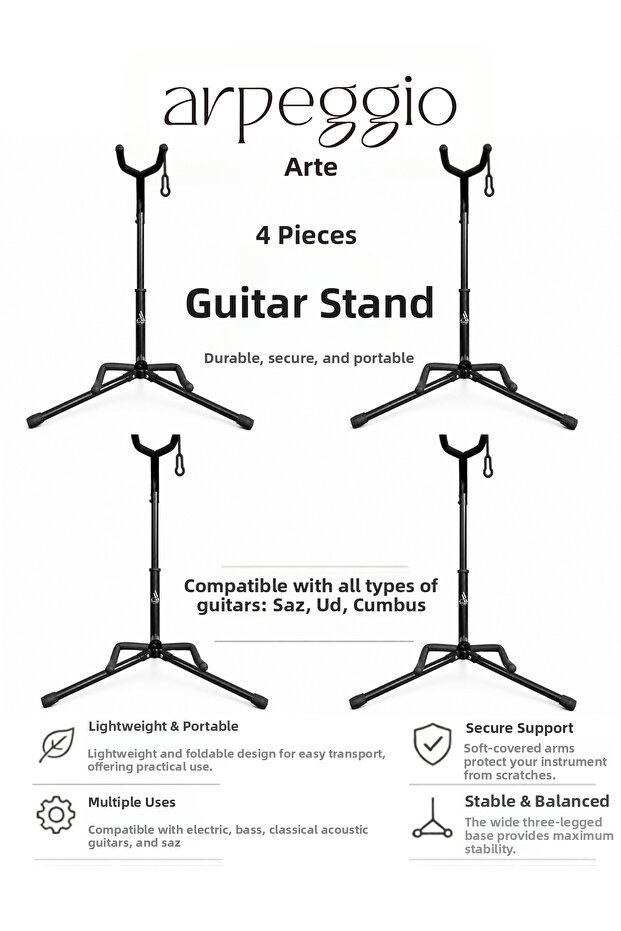 4 Pieces Guitar Stand - Foldable Electric Acoustic Classical Bass Guitar Zither Lute Compatible