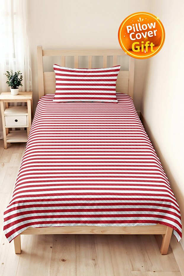 Red Striped Modern Young Room Single Pique Set-Geometric 160X220 cm Quilted Bedspread