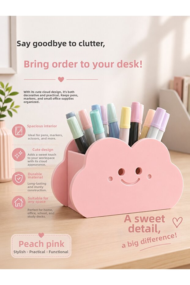 Cute Cloud Pen Holder and Desktop Organizer – Powder Pink Pen Organizer, Kids' Room and Study Desk Accessory