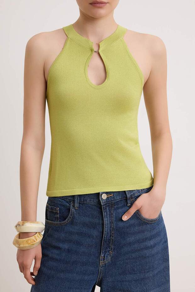 Yağ Yeşil İnce Çizgili Cut Out Detaylı Triko Bluz TWOSS26BZ00890 - 6