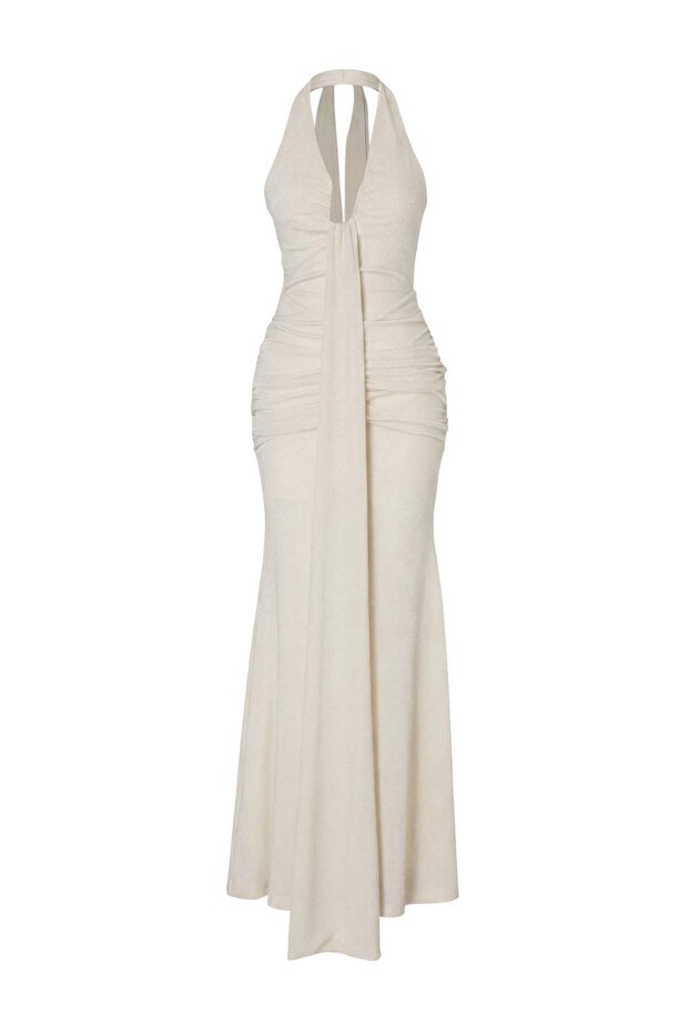 Ekru Simli Drape Dekolte Detaylı Astarlı Maxi Abiye & Mezuniyet Elbisesi TPRSS26AE00153 - 8