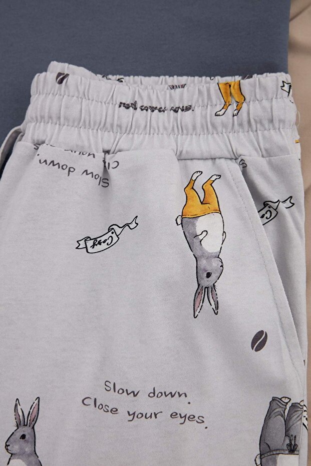 Lacivert Kanguru Desenli Cauple/Çift Yazlık Örme Pijama Takımı TMNSS26PT00052 - 4