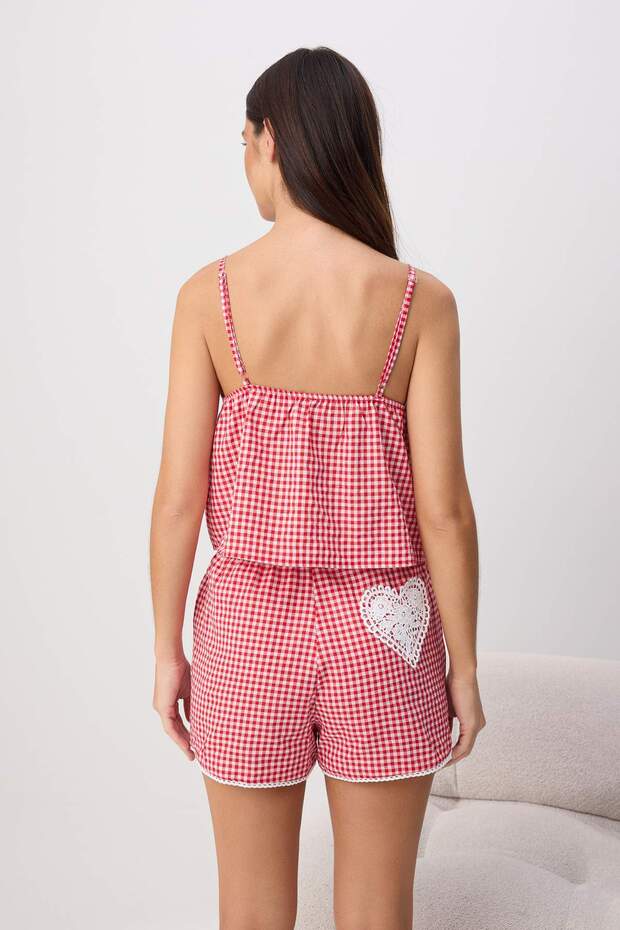 Kırmızı Pötikareli Kalp Dantel Detaylı İpliği Boyalı Dokuma Pijama Takımı THMSS26PT00194 - 5