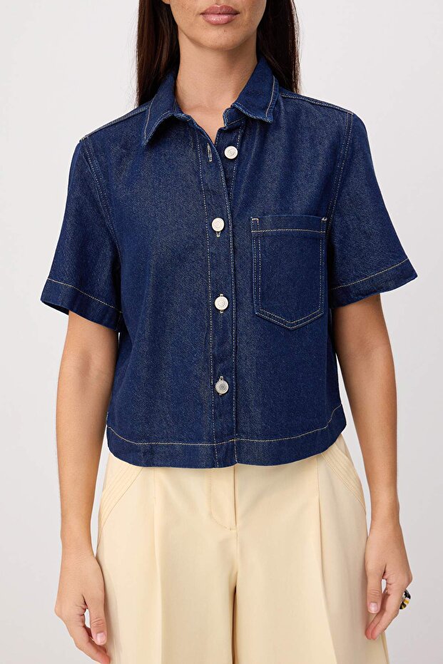 Lacivert Tencel Karışımlı Kısa Kol Düğme Detaylı Denim Gömlek TWOSS26GO00193 - 3
