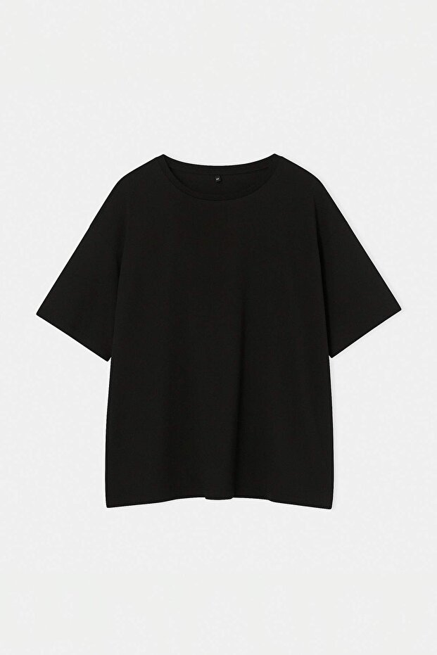 Siyah %100 Pamuk Sırt Baskılı Oversize Kesim Bisiklet Yaka Örme T-Shirt TBBSS24BF00025 - 7