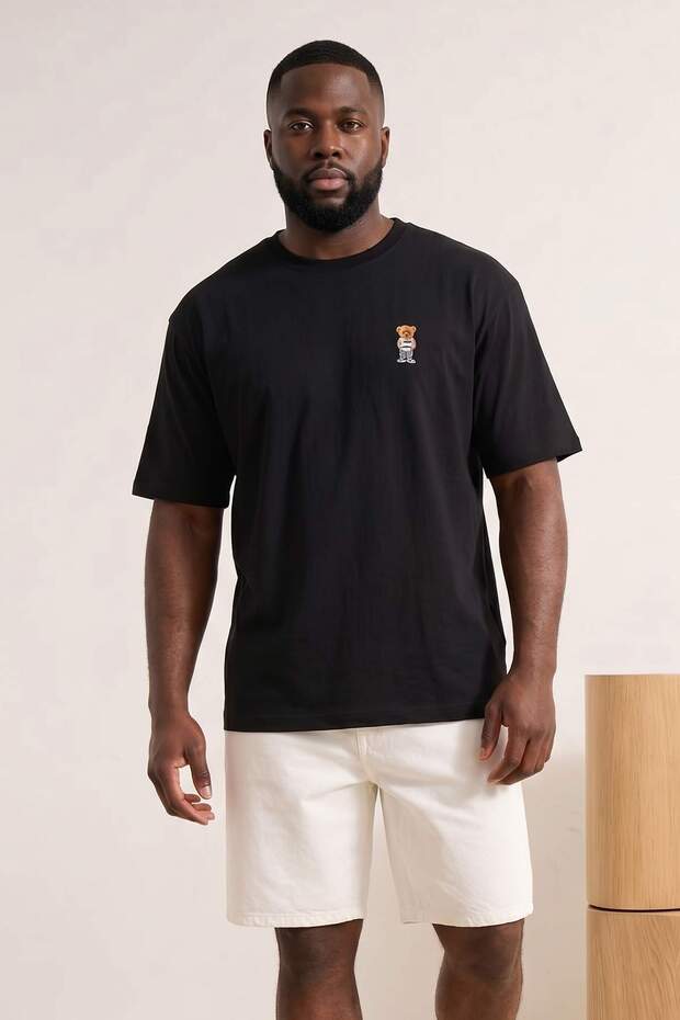 Büyük Beden Siyah Oversize Ayıcık Baskılı Oversize %100 Pamuk T-Shirt TMNSS26BF00006 - 2