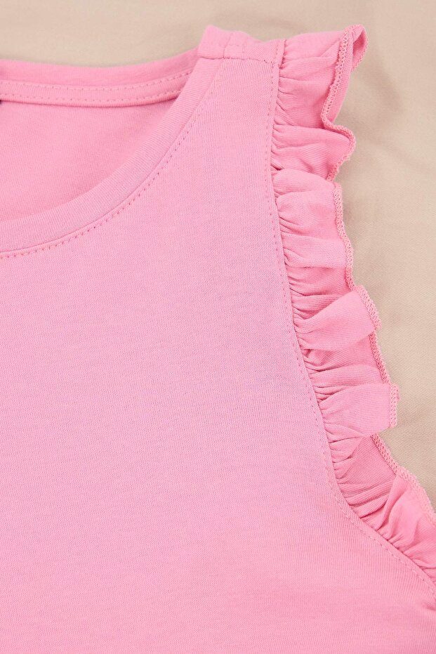 Pembe %100 Pamuklu Fırfırlı Şortlu Örme Pijama Takımı THMSS22AU0304 - 11