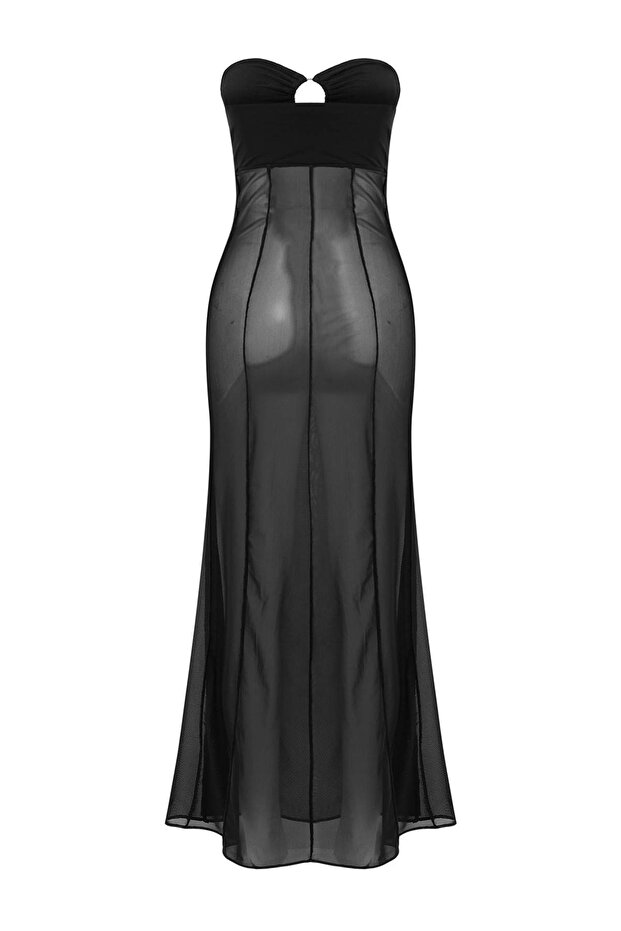 Siyah Dokuma Maxi Straplez Aksesuar Detaylı Mesh Plaj Elbisesi TBESS26LE00006 - 4
