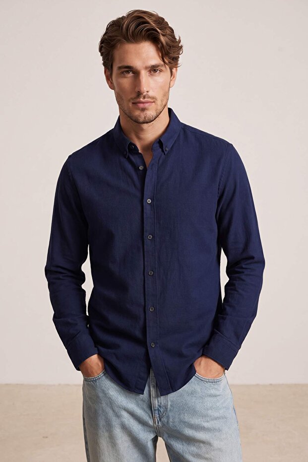 Lacivert Normal Kalıp/Regular Fit Terletmez Kırışmaz Erkek Gömlek TMNSS26GO00044 - 2