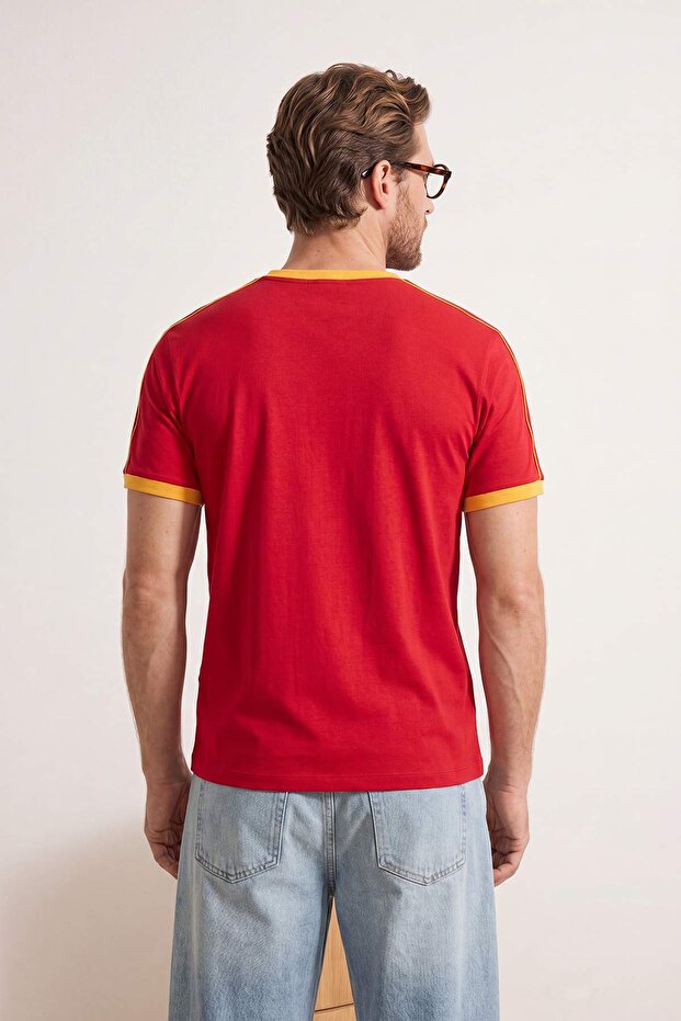 Kırmızı Düşük Omuz Regular Kalıp Şerit Detaylı %100 Pamuk T-Shirt TMNSS26TS00078 - 7