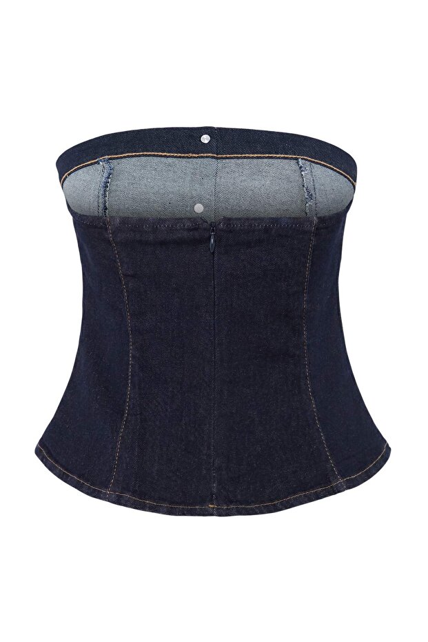 Koyu Mavi Düğme Detaylı Straplez Peplum Denim Bluz TWOAW27BZ00036 - 3