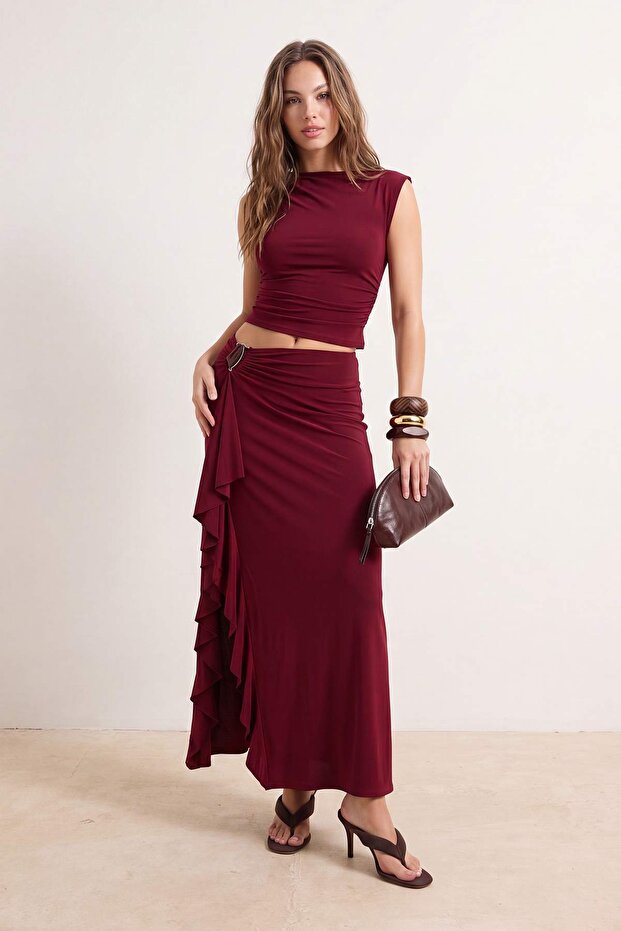Limited Edition Bordo Düz Maxi Örme Sandy Etek TPRSS26ET00010 - 2