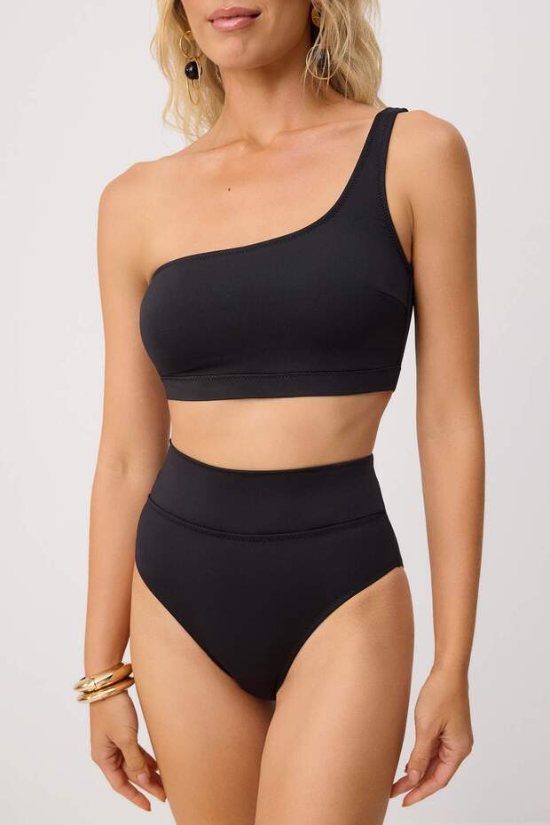 Siyah Tek Omuz Kaplı Hipster Yüksek Bel Regular Basic Bikini Takımı TBESS24BT00126 - 3